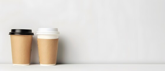 Fototapeta na wymiar Two beige Coffee Disposable Cup or Paper Cup isolated on light grey background. take away. mockup.