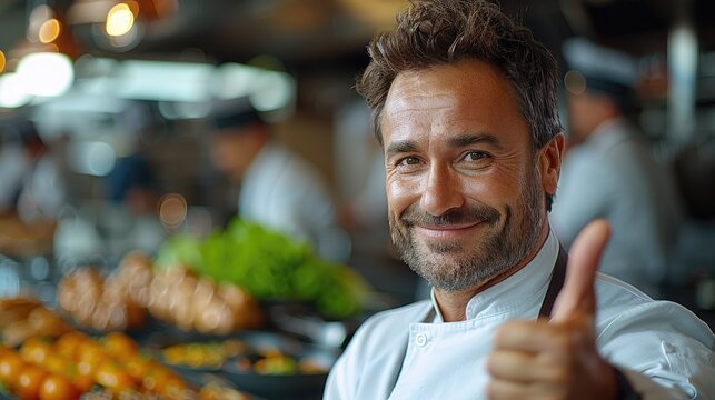 a chef man confidently gives a thumbs up to display culinary excellence.