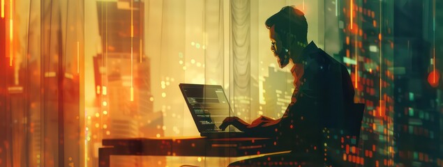 a man is searching an internet site from his laptop, with information in flashing lights, in the style of double exposure - obrazy, fototapety, plakaty