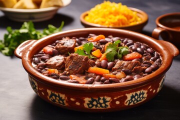 Juicy feijoada on a marble slab against a pastel or soft colors background