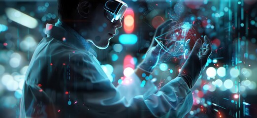 a medical man is holding a medical device icon in front of him, futuristic digital art, glass as material
