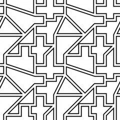 Seamless pattern. Figures, triangles, lines ornament. Abstract background. Folk wallpaper. Polygons, shapes, strokes backdrop. Tribal motif. Ethnic mosaic. Digital paper, textile print. Vector art