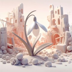 Snowdrop that grows on the background of a ruined city. 3D minimalist cute illustration on a light background.