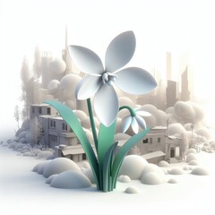 Snowdrop that grows on the background of a ruined city. 3D minimalist cute illustration on a light background.