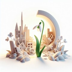 Snowdrop that grows on the background of a ruined city. 3D minimalist cute illustration on a light background.