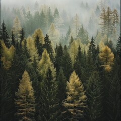 Coniferous trees in the forest, close up view.
