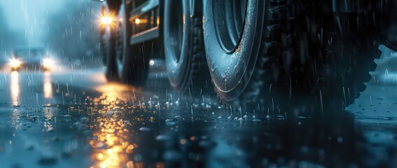 a rainy road with truck tires and light reflections
