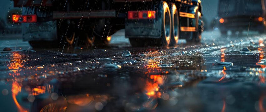 a rainy road with truck tires and light reflections
