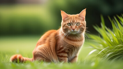 Obraz premium Red cat in green grass.