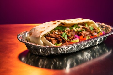 Tasty shawarma on a metal tray against a pastel or soft colors background