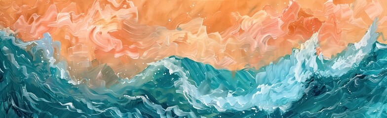 an abstract background of a watercolor art painting, in the style of dark teal and light orange, naturalistic ocean waves