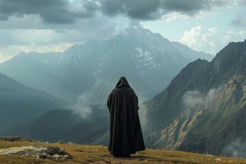 russian orthodox monk standing in mountains from his back in mountains - obrazy, fototapety, plakaty