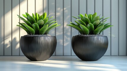 Green leaves in black ceramic flower pot with vertical strip texture on the surface - Powered by Adobe