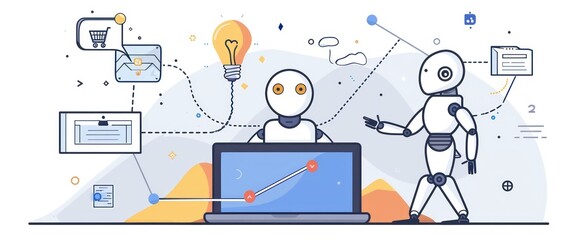an intelligent machine is interacting with a laptop, cartoon illustration