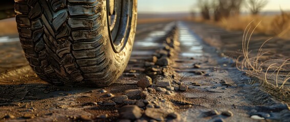 auto tire road image on realistic compositions golden light hour
