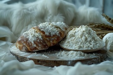 bread and flour on a board, in the style of organic compositions