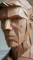 A male model's face made from cardboard box presents a creative and original aesthetic highlighting the versatility of the material. Man's face in sustainable art.