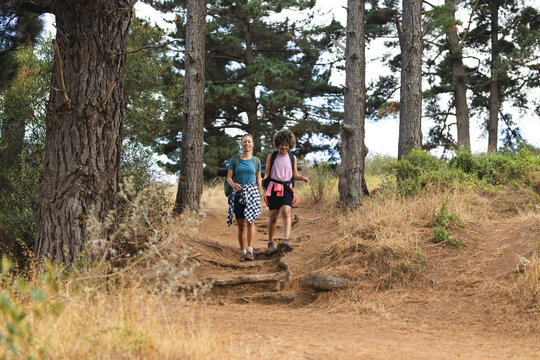 Two women are hiking on a forest trail, surrounded by tall trees, with copy space