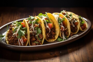 Delicious tacos on a porcelain platter against a rustic wood background