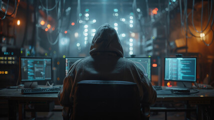 A hooded hacker sits in the dark lit only by computer screens rapidly typing lines of code on multiple keyboards  - Powered by Adobe