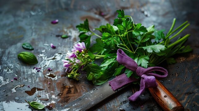 A bouquet of fresh parsley greens with basil sprigs with flowers on a wooden wet surface. Next to the purple bow, one bulb is cut in half with a metal knife with a brown handle. 