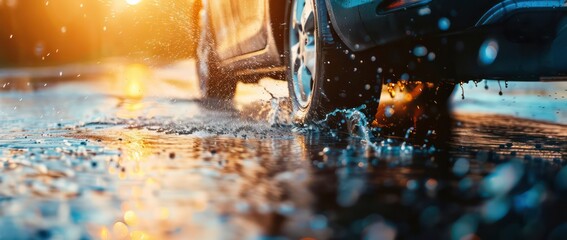 close up view photograph of car tires with water splashes
