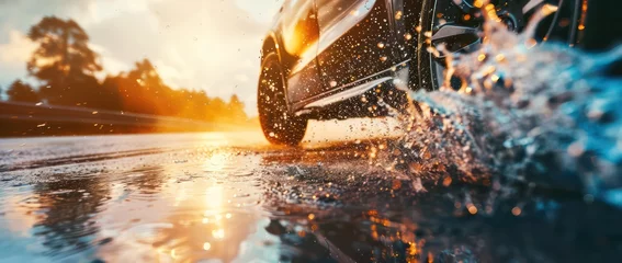 Fotobehang close up view photograph of car tires with water splashes © STOCKYE STUDIO