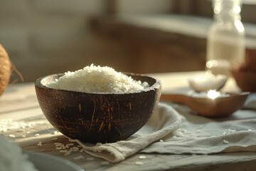 coconut shell and white salt in a bowl
