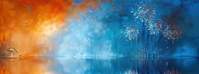 colorful fireworks over blue and orange background, in the style of soft atmospheric scenes, sparkling water reflections