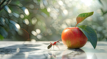 Roter Apfel und Ameise - obrazy, fototapety, plakaty