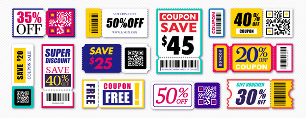 Collection of colorful discount coupons and vouchers featuring various savings and QR codes, ideal for promotions and sales