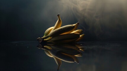 Bananas, a beautiful composition with bananas on a reflective surface with a dark background, selective focus  - obrazy, fototapety, plakaty