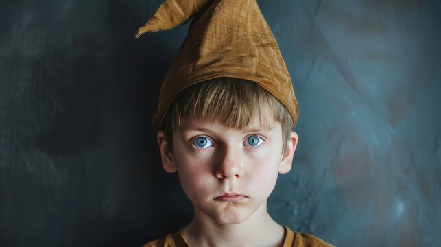 Boy wearing a dunce cap