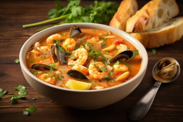 Tasty bouillabaisse on a wooden board against a rustic wood background