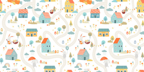 Lovely hand drawn easter seamless pattern with cute decorations, sweet hand drawn bunnies, eggs and flowers - vector design