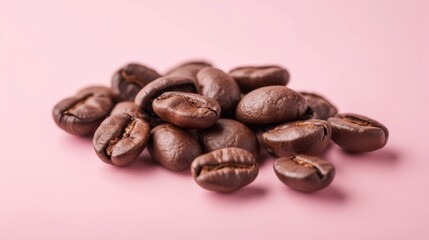 A charming display of dark roasted coffee beans on a vibrant pink backdrop, embodying the essence of a delightful morning ritual with its invigorating energy and rich flavors.
