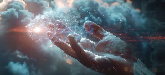 man is touching an abstract cloud on a hand and touching an internet cloud, in the style of geodesic structures, sunrays shine upon it