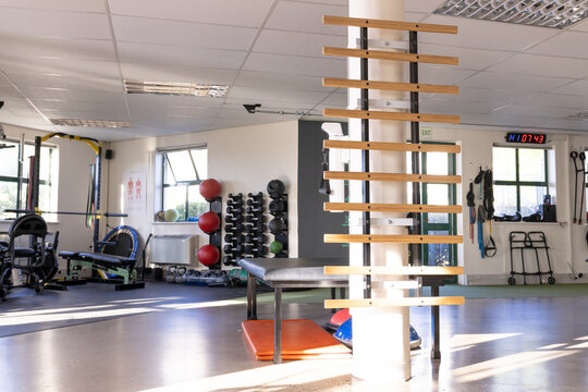 A wooden ladder stands prominently in a well-lit physical therapy gym