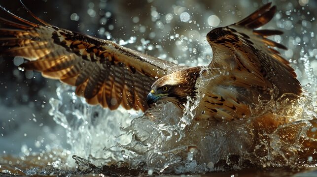 In a dynamic moment frozen in time, a hawk extends its wings to their fullest, piercing through the water's surface, enveloped by a flurry of splashing droplets.