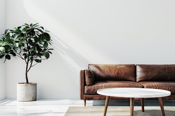 minimalist white living room with brown leather furniture, a coffee table and a plant