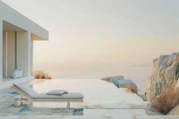 luxury villas & apartments villas, in the style of photo-realistic compositions, white and beige, infinite pool