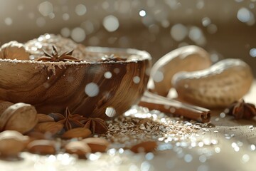 oatmeal bowl there are nuts, spices, and nuts, in the style of bokeh, glitter and diamond dust