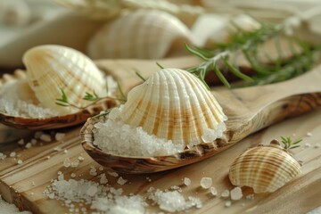 Obraz na płótnie Canvas sea shells in the spoon with sea salt and rosemary on the wooden table with sea salt