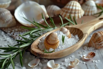 shells, sea salt and rosemary in a wooden spoon
