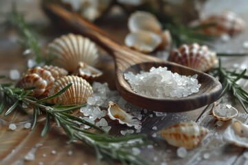 Obraz na płótnie Canvas shells, sea salt and rosemary in a wooden spoon