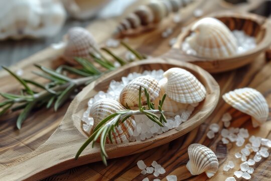 sea shells in the spoon with sea salt and rosemary on the wooden table with sea salt