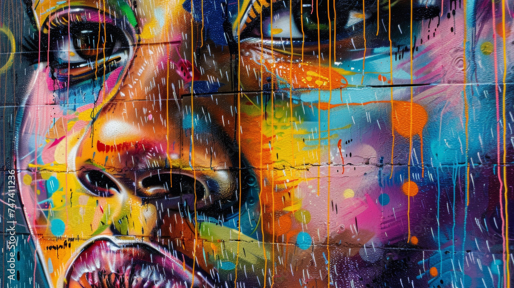 Poster a cascade of vibrant hues washed over by a drizzle of rain adding depth and texture to the street mu
