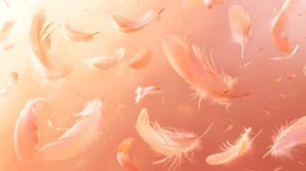 Flying Peach color feather Abstract background texture. light orange color. horizontal.