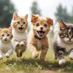 Funny and adorable group of dogs and cats jumping and running on a field with a blurred background.