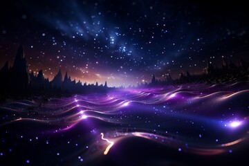 Enchanted Midnight Violet Fantasy Landscape with Glowing Stars, a Mystical Castle on the Horizon, a Shimmering River Reflecting Moonlight, Lush Forests, and a Magical Aura of Dreams and Wonder